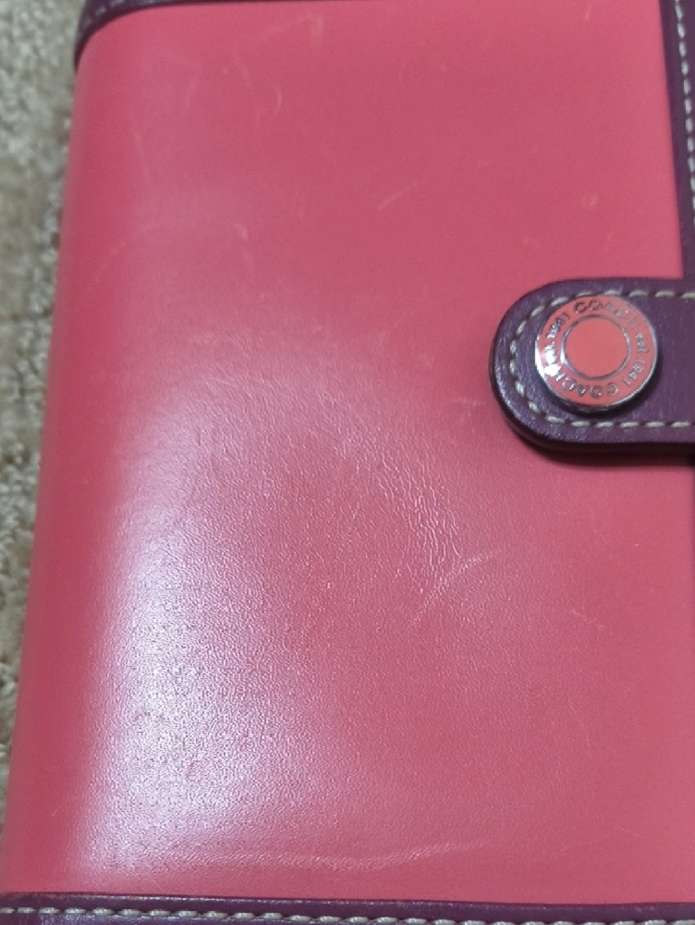 Coach small Planner. Pink Leather Snap Wallet With Dark Purple Trim. - Picture 2 of 16
